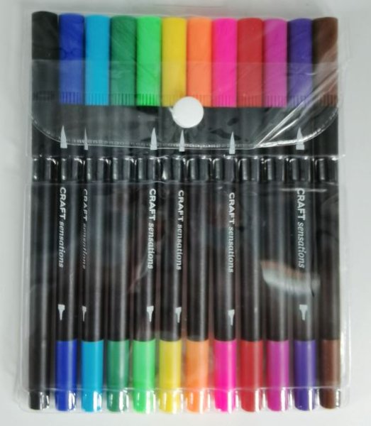 Färgpennor tusch med dubbla spetsar smal i ena änden och bred i andra ändan. Säljes i 12-pack. Färgrika och i fin nyans skala. G