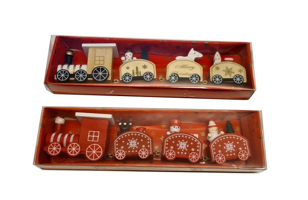 Jul tåg i trä med julklappar