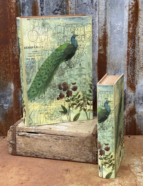 Bokgömma låda öppningsbar bok. Med gammeldags /antik motiv av en vacker påfågel och fin rygg. Finns i två modeller -Större -Mind