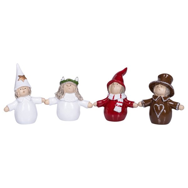 Luciatåg December i söt och rolig mindre modell. I set om fyra stycken figurer. Lucia, stjärngosse, pepparkaksgubbe och jultomt