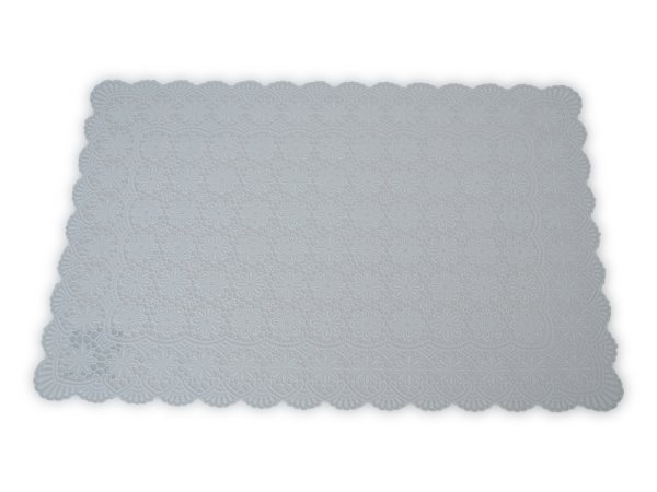 Vit bordstablett / tallriksunderlägg blommig spets i plastad spets. Praktisk och verklighetstrogen. Vit spets underlägg/duk med