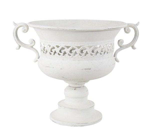 Vacker vit urna på fot med handtag och spets inslag