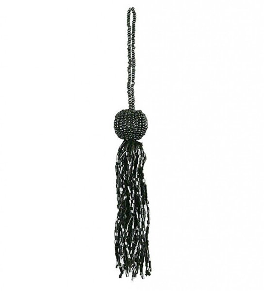 Vacker svart tassel / tofs dekoration med pärlor och ögla upptill. Att dekorera med hänga på en glaskupa, en dörr, lägga på ett