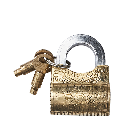 Vackert hänglås i guld med orientaliskt mönster. Med dubbla nycklar och standard lås mekanism med bygel. Lika praktiskt som vack