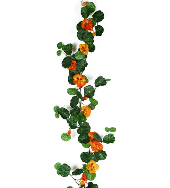 Vacker blomstergirlang/slinga med krasse. Färgstarka blommor i gult och orange samt frodiga täta gröna blad. Välarbetad och verk