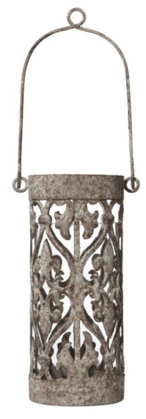 Vacker antik lykta i rund modell med cylinder glas inuti. Lyktan kan både stå samt hänga i den ledade bygeln upptill. Dekorerad