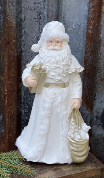 Stor vacker vit tomte/ jultomte med mjuka guld inslag och vit päls. Detalj full och välarbetad med fina detaljer runt om. Höjd: