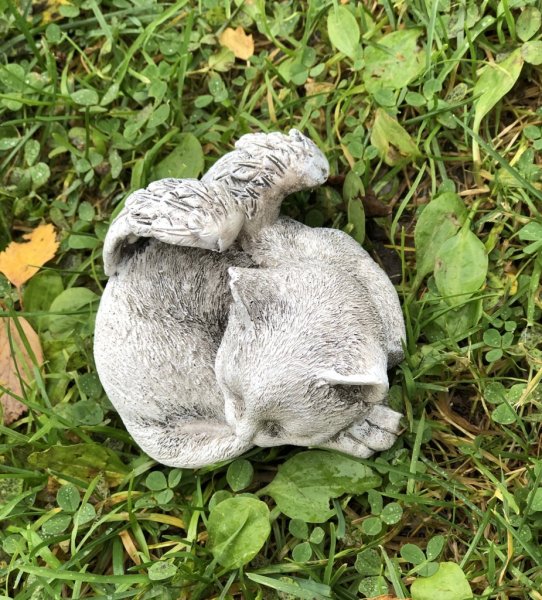 Grav och Minnesprydnad i form av en katt med vingar. I modell som är anpassad både för inomhus bruk och utomhusbruk står emot re