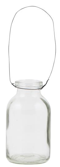 Liten söt vas i glas. Med metall ögla upptill så vasen kan hänga. Platt botten så den även kan stå. För blommor inomhus som utom