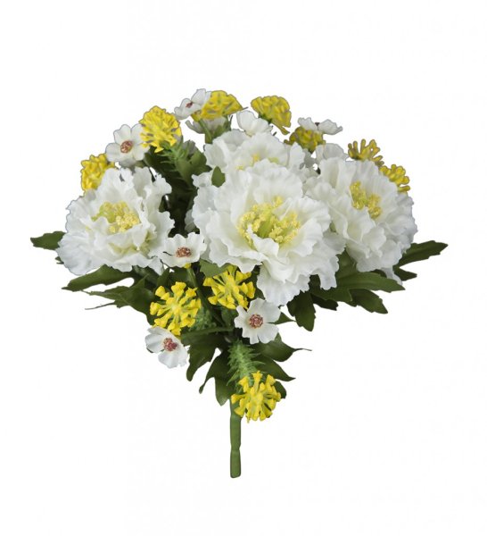 Vacker verklighetstrogen konstgjord blombukett med sommar blommor i vitt och gult. Välarbetad verklighetstrogen modell. Lika vac
