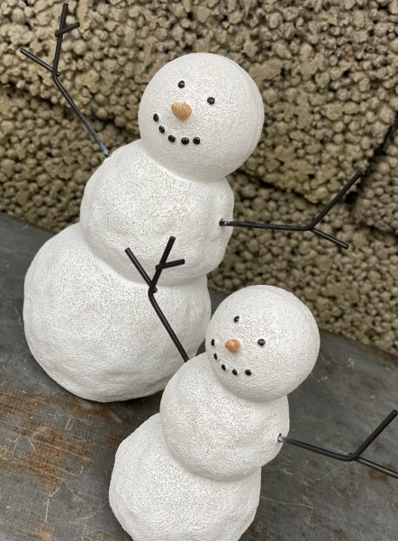 Söt snögubbe att dekorera med. Vinter vit med svarta armar i metall som armar. Ögon mun och klassisk morots näsa. Finns i två st
