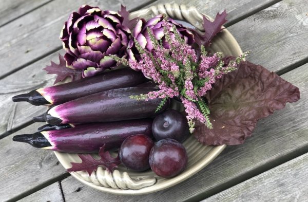 Aubergine i smal modell att pynta och dekorera med. Välarbetad konstgjord med verklighetstrogen känsla. Att fylla en frukt skål