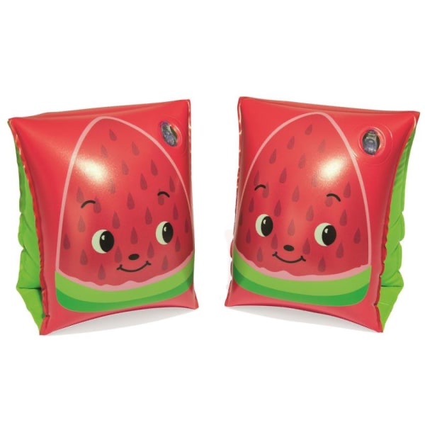 Armpuffar uppblåsbara för lek och simträning i badhus och vid hav samt strand. Finns i två modeller -Röda Jordgubbe -Gula Ananas