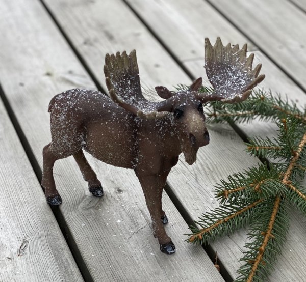 Älg i större vacker modell. Dekorerad med lätt puder snö / is kristaller . Finns i två storlekar -Större -Mindre Detalj fulla oc