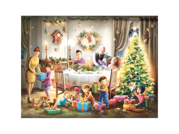Vacker Adventskalender med motiv av en julaftonskväll där familjen är samlad runt granen. Detaljrik och lätt dekorerad med silve