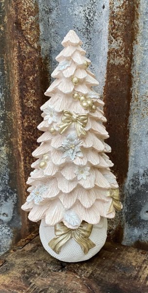 Vacker gran / julgran i mjuka nyanser av vitt, rosa, lite grått och guld. Pudrad med lätt glitter. Detalj full och välarbetad me