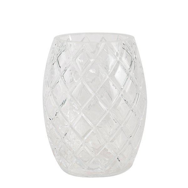 Vacker vas i glas, rundad modell med vackert mönster. Vas med bredare mitt och smalare öppning så buketten faller vackert. Höjd