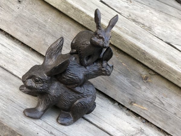 Söt och rolig kanin familj i järn. Att dekorera med inomhus som utomhus. Går i en mörk brun nyans och är tung i modellen. Mamma