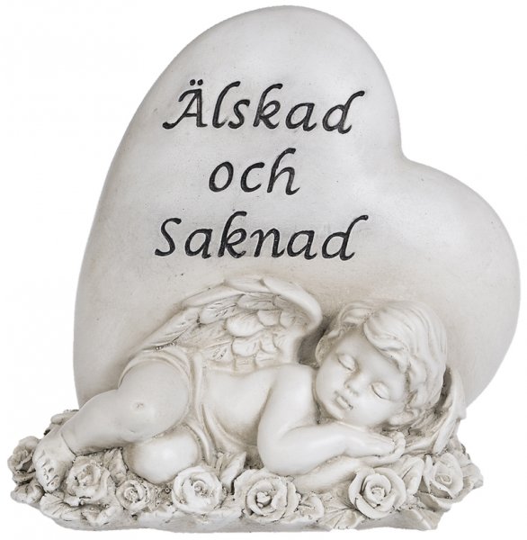 Grav och Minnesprydnads eden ängel med hjärta omgiven av rosor. På hjärtan finns en inskription Älskad och saknad Tillverkad i