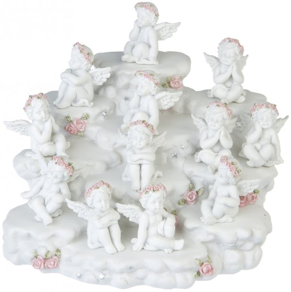 Vita änglar i mindre modell som sitter i olika positioner. Dekorerade med en krans av rosa rosor på huvudet. Säljes osorterade s