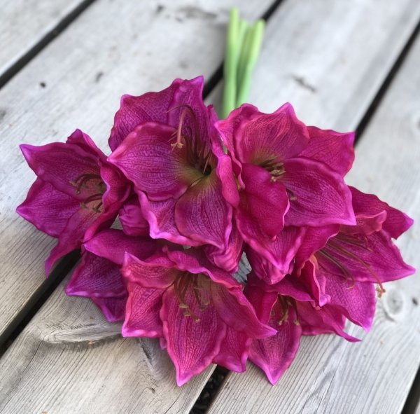 Vacker Amaryllis bukett med lila blommor. I bukett om fyra blommor med blomma och knopp på varje. Mäter ca 39cm Säljes om 1