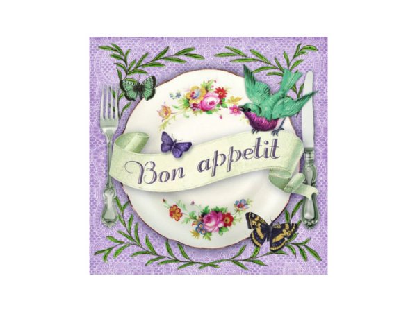 Vackra romantiska servetter Bon Appetit med lila spets mönster och motiv av rosor och fåglar.   33cm * 33cm 3-lager  20 per pake