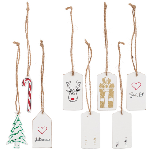 Jul tags / etikett skyltar för paket, pynt och pyssel. Tillverkade i trä och finns i flera olika modeller -Polkagris -Gran -Julk