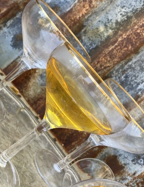 Vackert prosecco/ cocktail/ champagneglas på fot . Med hög fot och vid kupa. Dekorerad med en guld kant upptill och livfulla luf