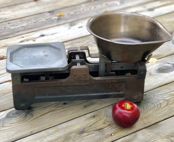 Gammal antik köks/hushållsvåg . Tillverkad i plåt och metall går i vacker mix av rostigt brunt och antik guld. Återvunnen modell