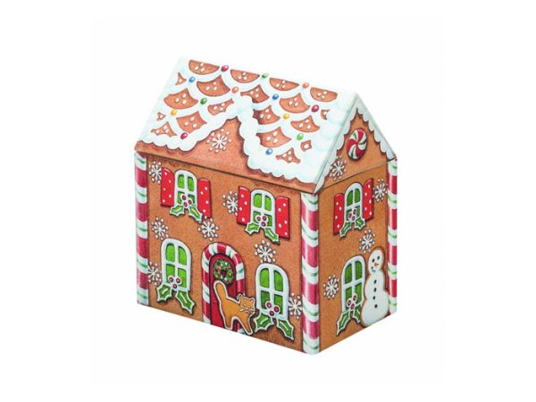 Fin och rolig plåtburk i modell av ett dekorerat pepparkakshus. Välarbetad och detaljrik lika praktisk för förvaring som fin de