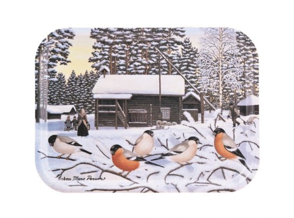 Vacker bricka Domherrar med motiv av Domherrar i nysnö. Av konstnären Erkers Marie Persson från Leksand. Mäter 27 * 20cm