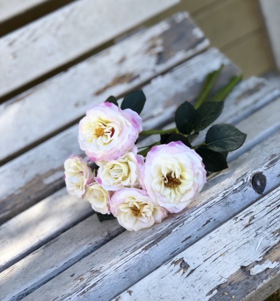 Vacker rosbukett med nyponrosor i vitt och rosa med gröna blad. Lång skaftad bukett som gör sig lika bra i en vas som liggandes
