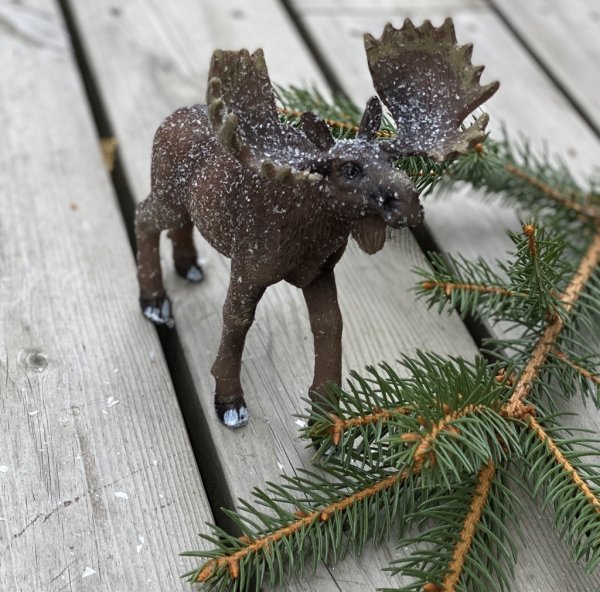 Älg i större vacker modell. Dekorerad med lätt puder snö / is kristaller . Finns i två storlekar -Större -Mindre Detalj fulla oc