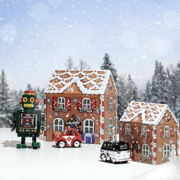 Fin och rolig plåtburk i modell av ett dekorerat pepparkakshus. Välarbetad och detaljrik lika praktisk för förvaring som fin de