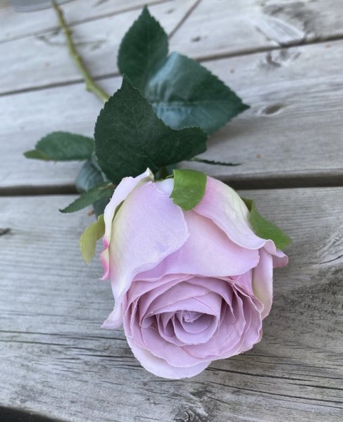 Vacker lila ros med gröna blad. Välarbetad vacker konstgjord ros med hög verklighets trogen känsla. Lika vacker ensam som i en b