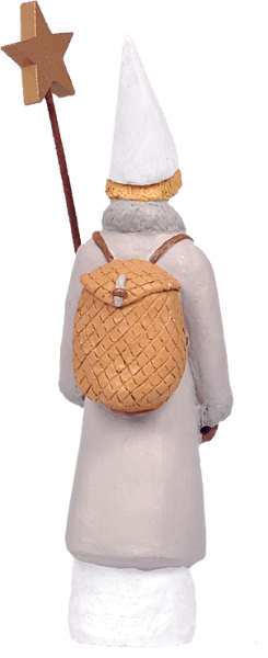 Stjärngosse Erik med stjärnstav och näverkorg på ryggen att dekorera med. Designad av Erkers Marie Persson Leksand. Unik i sin s