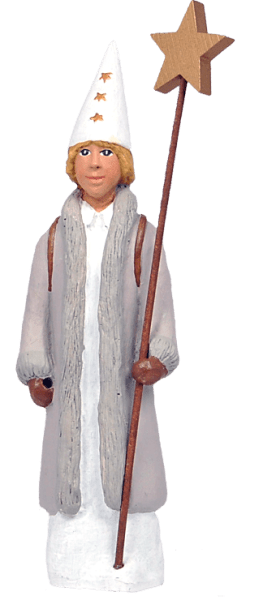 Stjärngosse Erik med stjärnstav och näverkorg på ryggen att dekorera med. Designad av Erkers Marie Persson Leksand. Unik i sin s