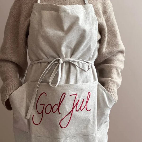 Förkläde God Jul i linne beige med broderad röd text