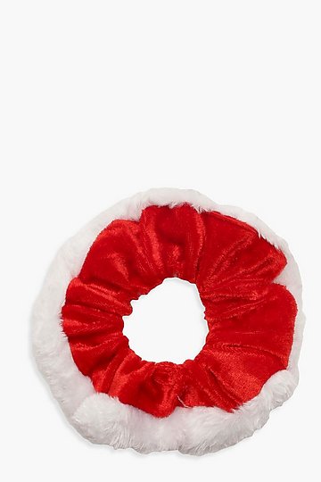 Jul inspirerad scrunchie / hårsnodd i vitt och rött med pälskant. Finns i två modeller -Vit & Röd -Vit & röd med silver Söt och