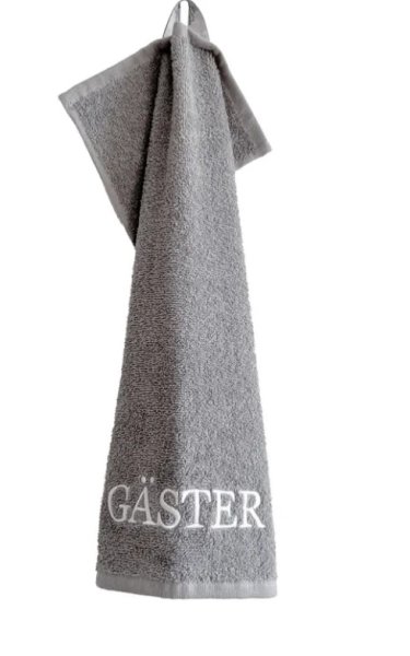 Grå GÄSTER handduk med broderad text