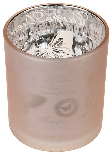 Vackert ljusglas/ljuslykta i rosa och grått med text Carpe  Diem i spegel modell. Ljusglaset har silver färgad insida och färgad
