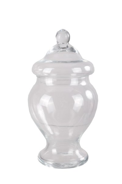 Vacker glasburk med lock i högre kurvig elegant modell. För förvaring och dekoration. Höjd: ca 31cm Bredd: ca 15,15cm