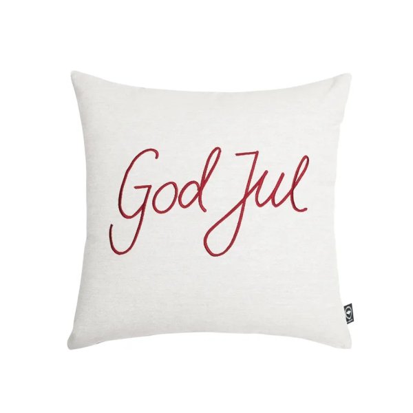 Kuddfodral God Jul i linne beige med broderad God Jul i rött