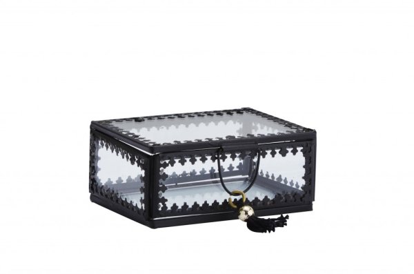 Smyckeskrin i svart och glas med tofs och spets kant