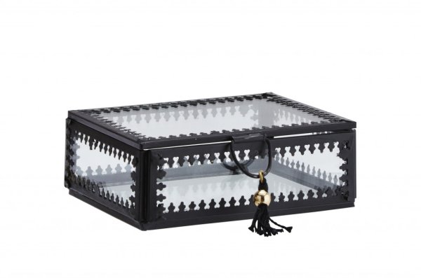 Smyckeskrin i svart och glas med tofs och spets kant