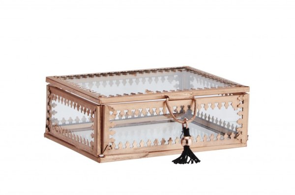 Smyckeskrin / ask i glas med koppar färgade metall kanter och öppningsbart lock. I vacker kantig modell dekorerad med spets li