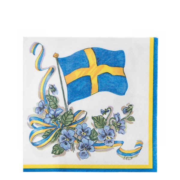 Kaffeservetter med svenska flaggan på vit botten 