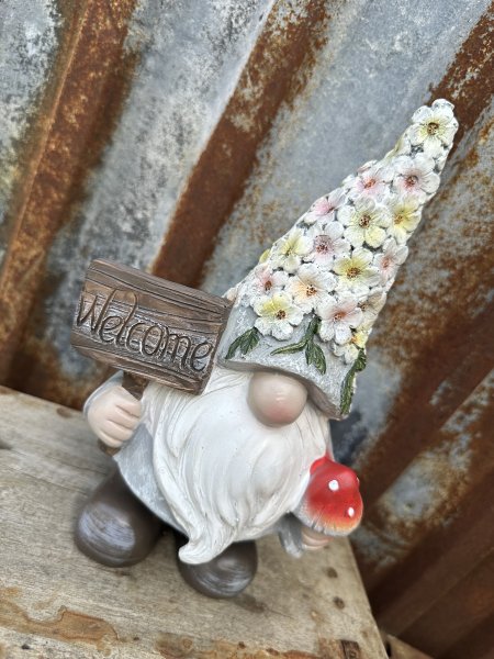 Trädgårdstomte Welcome / välkommen med blomster luva