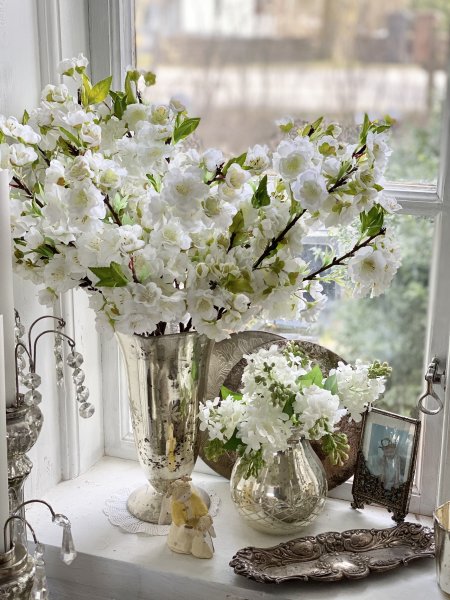 Vit körsbärsgren större med blommor och blad