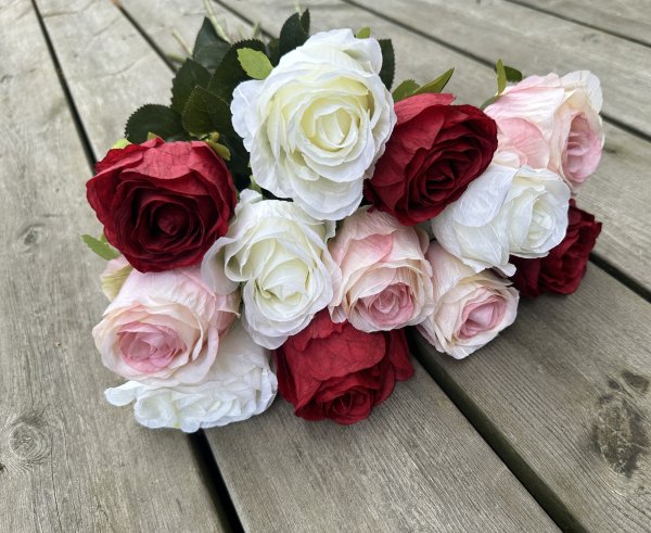 Röd ros med gröna blad och större blomma